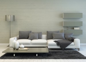 3D Rendering of Modern Grey and White Living Room with Floor Lam